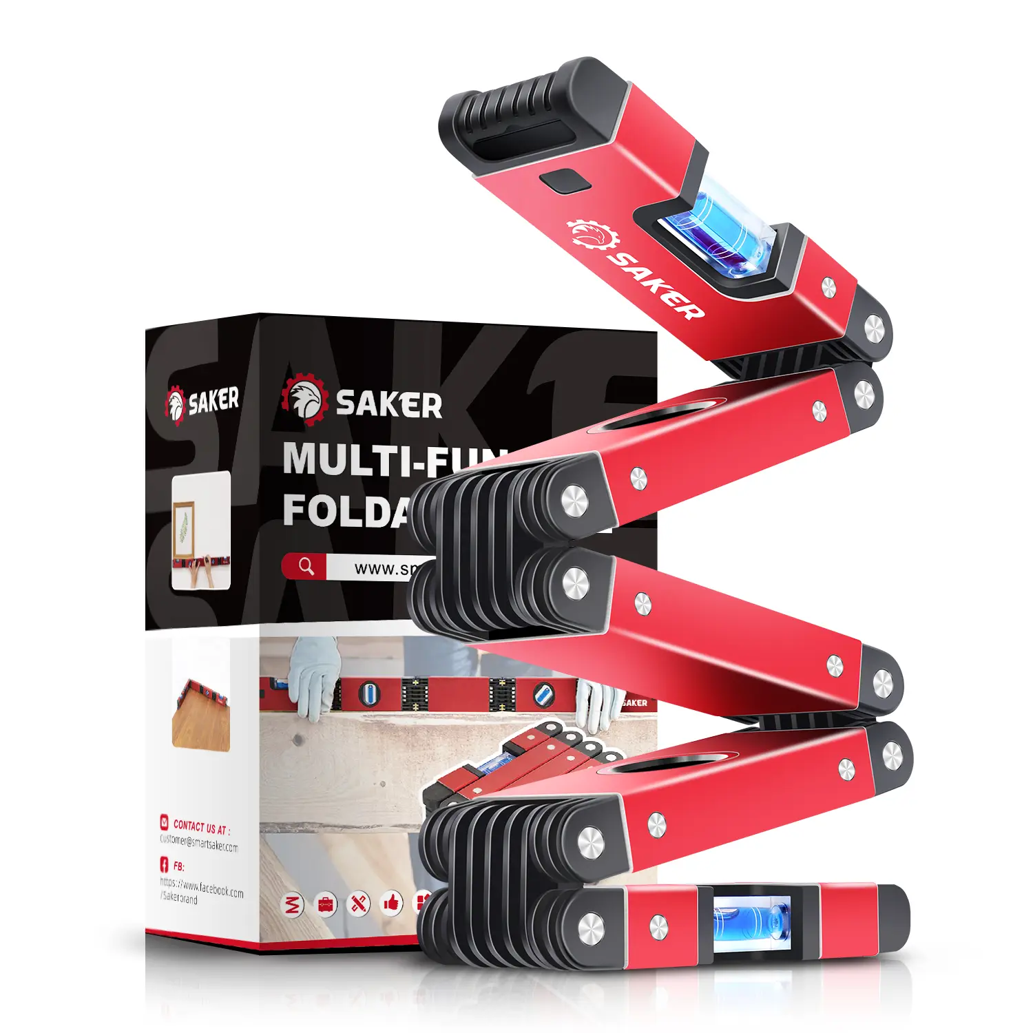 Saker Multi-Function Foldable Level - 28-Inch Hand Measuring Tool with Multi-Angle Measurement, TPR Endcaps, Oxidation Processed Build, Space Saver Design for Woodworking, Stairs, Pipes Precise Leveling
