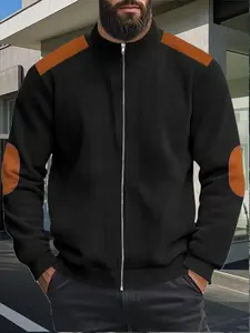 Men's Fall Retro Casual Business Zipper Jacket, Fitted, Stand Collar Design, Patchwork Shoulders Sleeves, Long Sleeve, Textured Fabric