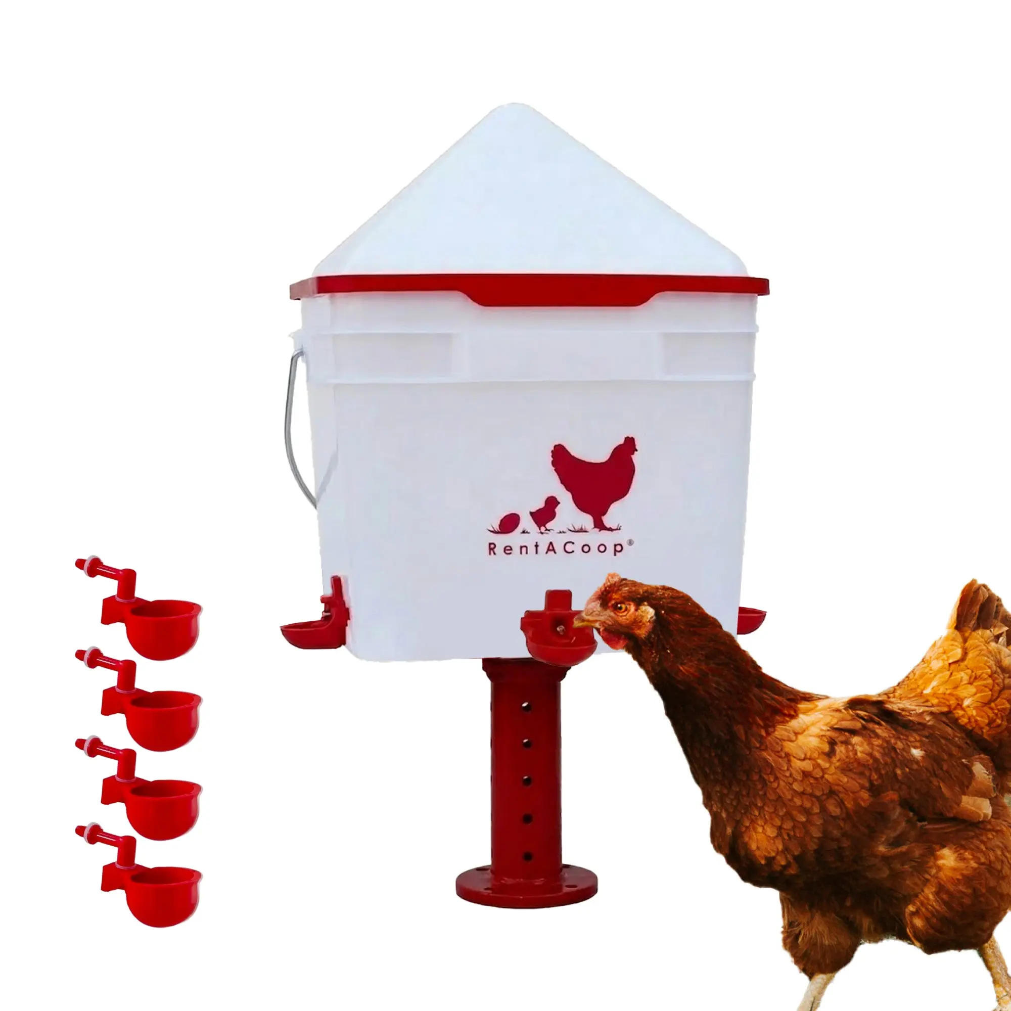 RentACoop BPA-Free 2 Gal Automatic Chicken Waterer - 4 Auto-Fill Cups, 4 Horizontal Nipples, Custom Adjustable Stand, Anti-Roost Cone, Easy-Fill Large Capacity Poultry Feeding Tool