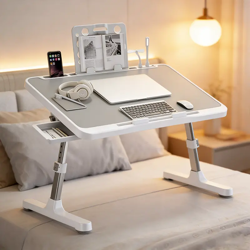 Laptop Tray Lap Desk with Integrated USB-C Hub, Quiet Cooling Fan, Adjustable LED Light & Storage Drawer to Tame Clutter - Portable Small Desk Living Room Furniture for Beds, Couches