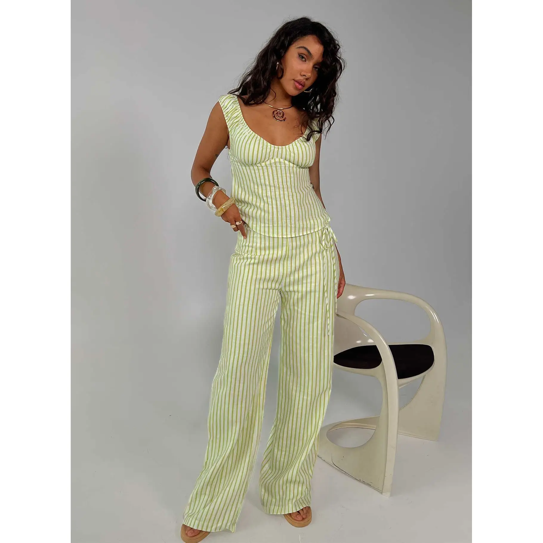 With Pleasure Tie Side Pant Green / Blue Stripe