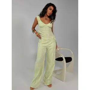 With Pleasure Tie Side Pant Green / Blue Stripe