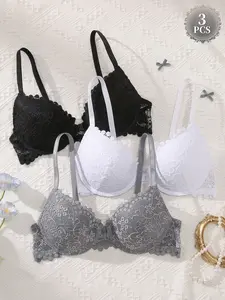 3PCS Lace Underwire Seamless Push-Up Bra,Deep V Front Buckle Add cup Buttery Soft Breathable Adjustable Straps, for Daily Wear Backless Dates Plunge