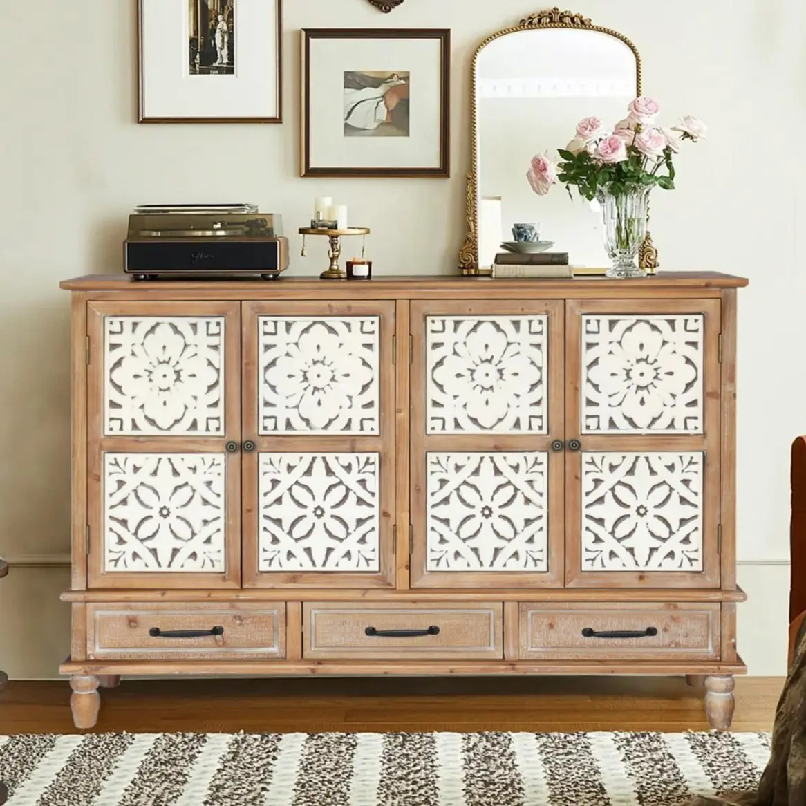 Eyisean 59" Wood Vintage Sideboard Buffet Cabinet, French Country Sideboard with 4 Carved Doors and 3 Drawers, Farmhouse Accent Chests with Adjustable Shelves for Living Room, Kitchen, Dining Room