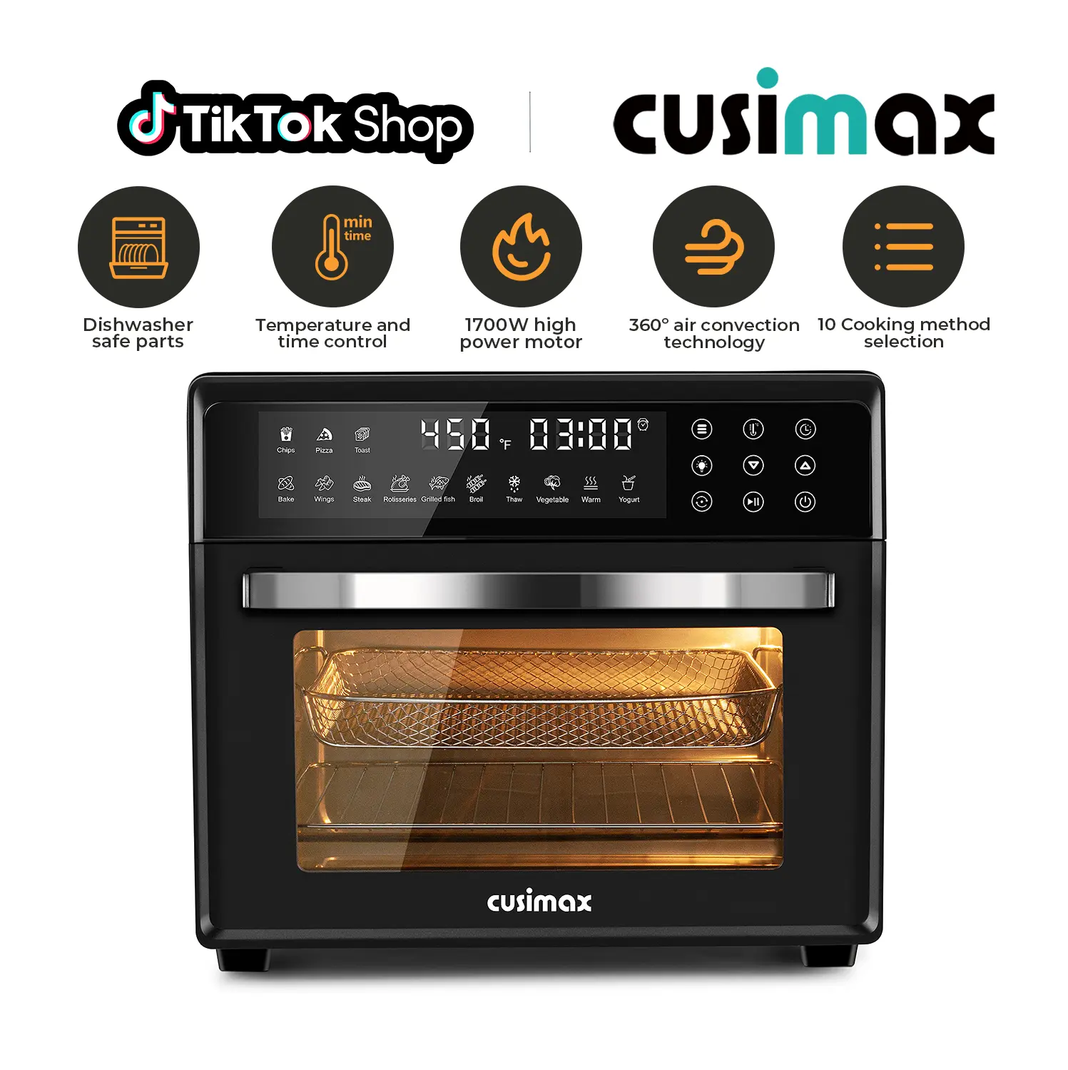 CUSIMAX 10-in-1 Digital Display Air Fryer Oven & Convection Toaster Bundle - 24QT Family-Size, 7 Accessories, Air Fry, Roast with Crisp, Bake, Dehydrate Snacks, Reheat, Stainless Steel, Less Oil Healthy Cooking, Baking Oven