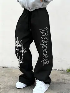 Men's Letter Cross Graphic Print Drawstring Waist Pants, Casual Comfortable Running Trousers, Classic Versatile Sports Sweatpants, Casual Comfy Sweatpants