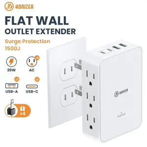 HONIZER Outlet Adapter, 2 Prong to 3 Prong with 6 AC Side Outlets, PD 20W USB-C, 2 Prong Power Strip with 4 Cable Clips, Multi Plug Outlet Splitter, Polarized Plug, Ideal for Old House