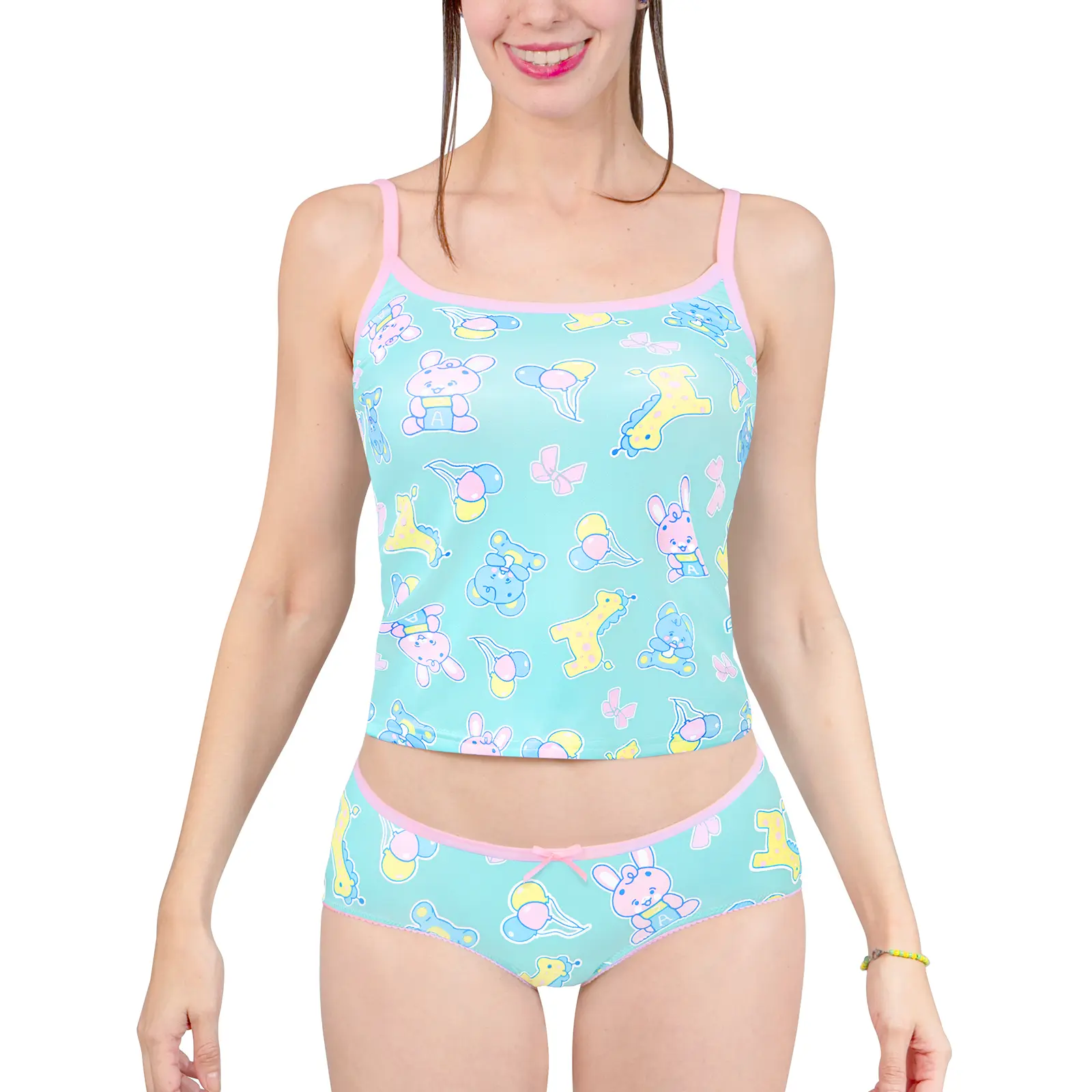 LittleForBig Women Silky Nightwear Strap Sleepwear Cami Top Lingerie Loungewear Babydoll Cozy Camisole & Brief Pajama Set - Baby Parade Cute Pjs