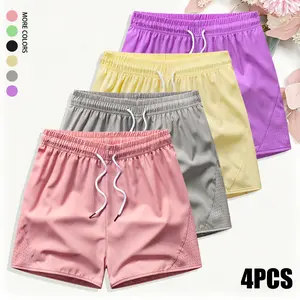 4-pack women’s casual athletic solid-color drawstring shorts featuring breathable mesh design; suitable for running, gym, and indoor/outdoor cycling; breathable fabric summer women’s sports shorts