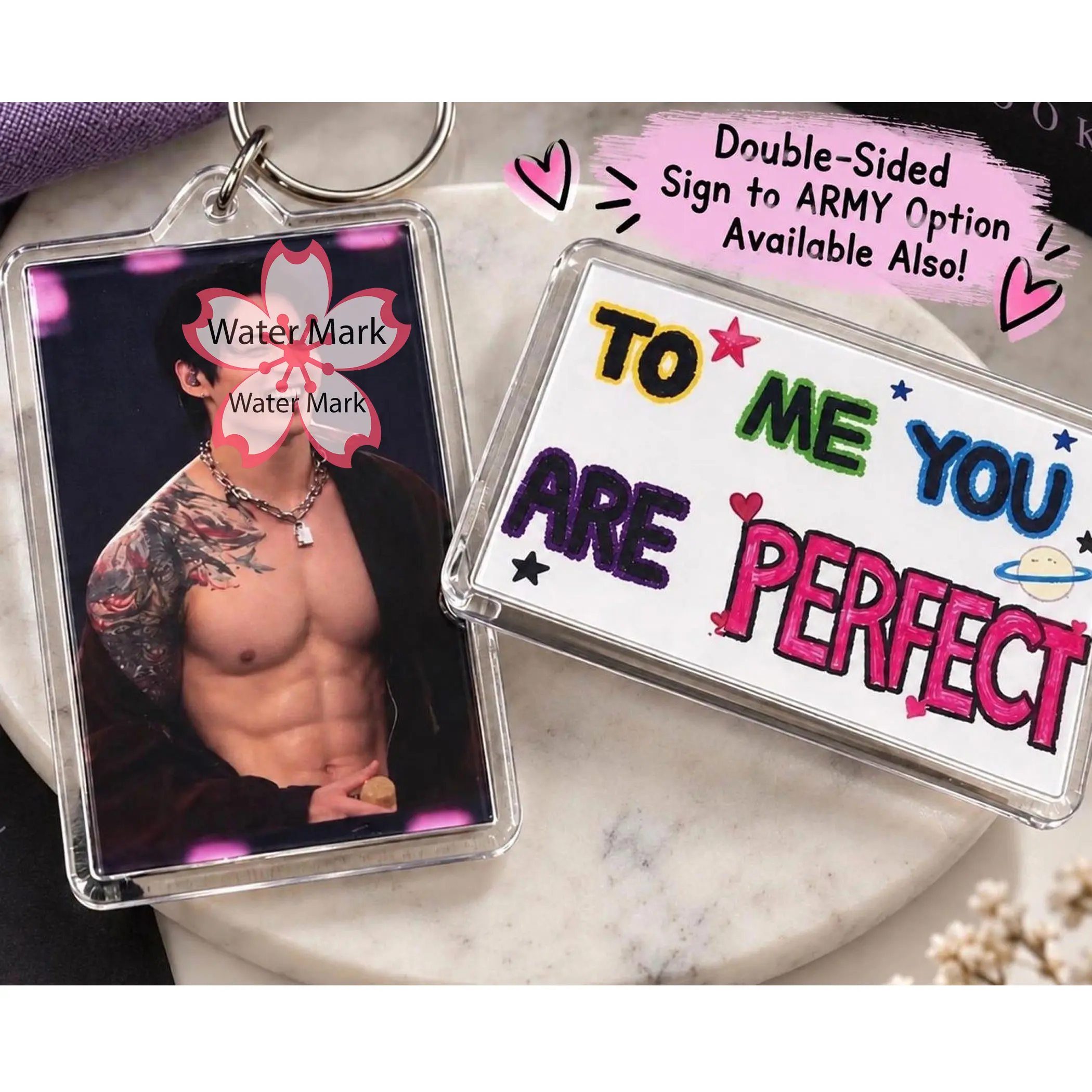 Bangtan JungKook Kpop Inspired Acrylic Keychain, Good Morning Heart Photo Charm, Cute Fan Key Ring, Backpack Purse Accessory, Gift for Kpop Fans