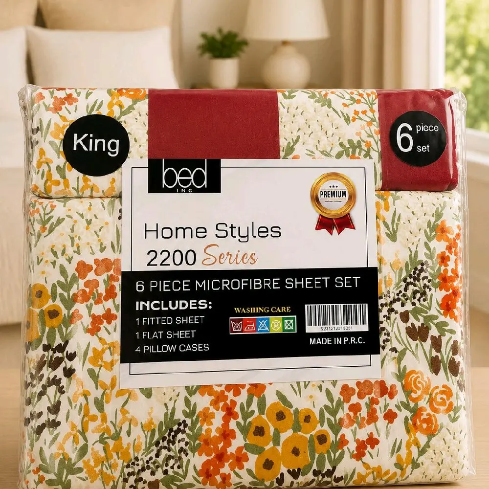 Home Styles 2200 Series King 6 Piece Microfiber Sheet Set – Soft Floral Bedding Set – Premium Bed Sheets with 4 Pillowcases