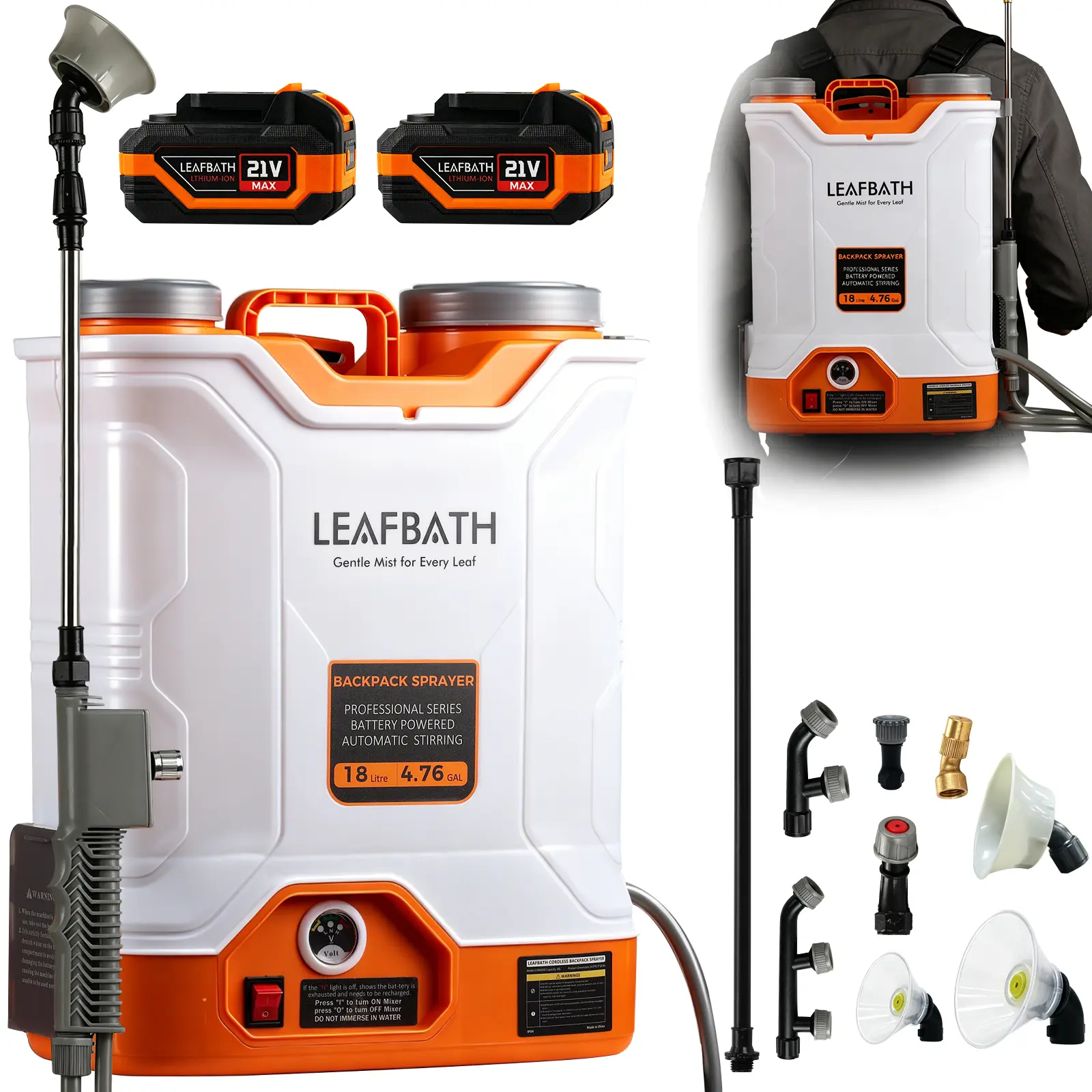 21V Battery-Powered Backpack Sprayer, 4.76 Gal Electric Garden Sprayer for Outdoor Pest Control, 0-120 PSI, Dual Batteries for Extended Usage Time, 8 Nozzles, 2 Spray Wands, Green + White/Auto Mixing, Goggles & Gloves Included