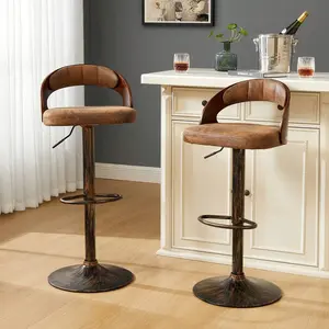 Bar Stool Set Of 2, Counter Height Stools With Bentwood Back,Arm&Footrest, PU Leather Cushion Seat Adjustable Height Swivel Barstools For Club Pub,Kitchen Island And Dining Room Curved Chairs Kids Metal Plush Rocking Horse