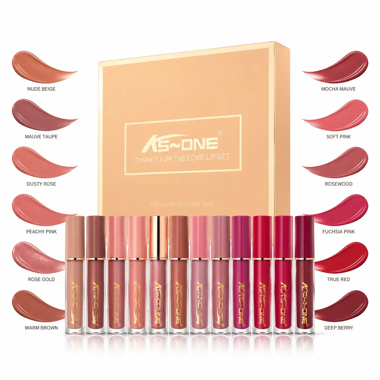 12-Color Cosmetic Lip Gloss Set for Daily Wear, Moisturizing & Long-Lasting Liquid Lipstick with 10 Matte & 2 Shimmer Finishes, Gift Box for Women (12 x 2.5ml), 12-Color/Set