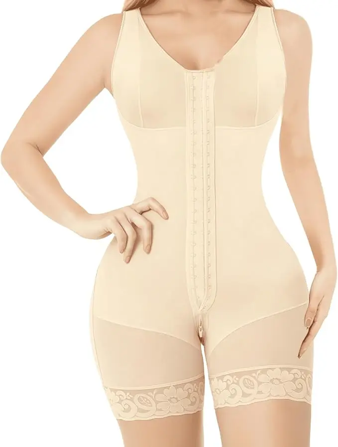 Women's Tummy Control Faja Bodysuit - Minimalist Style Post-Surgery Garment with Front Hooks, Butt Lifter, Lace Trim, Anti-Slip Strip for Christmas, Shapewear, Casual, Wedding