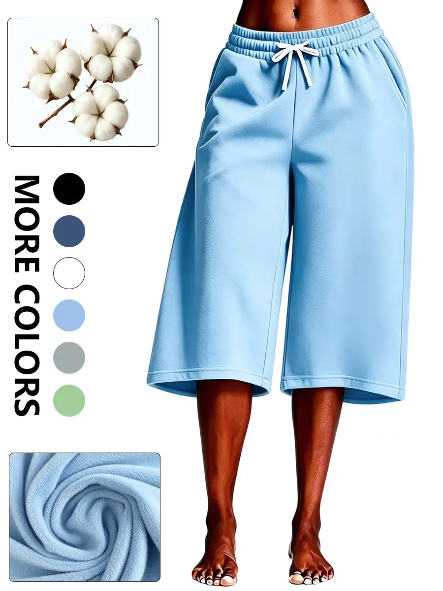 Plus Size Women's Low-Rise Cotton Blend Capri Loungewear Pants - Everyday Soft Fabric Comfy Drawstring Wide-Leg Nightwear Pajama Pants with Pockets, Lightweight, Cotton Poly