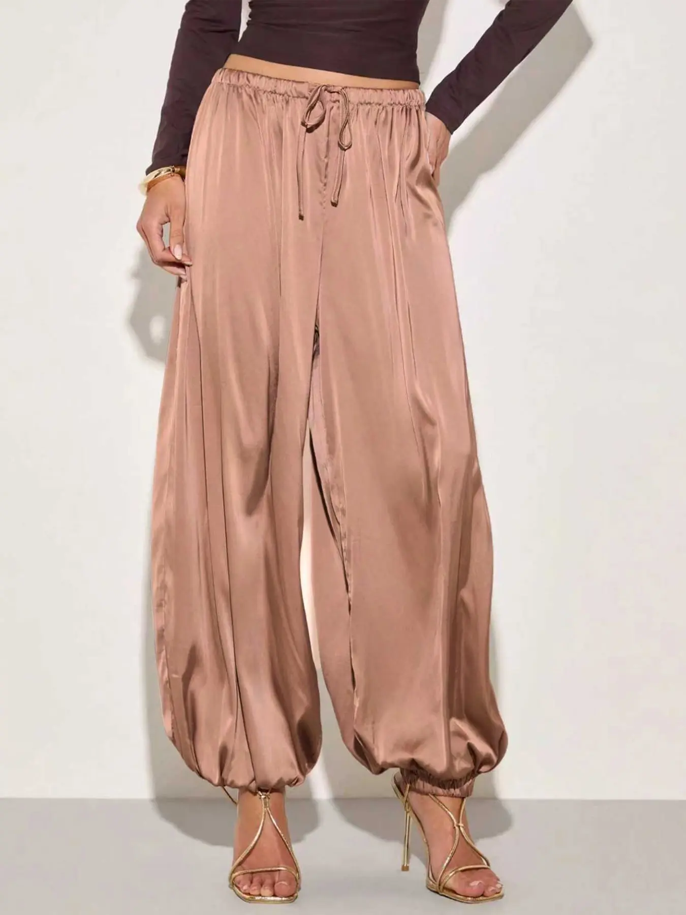 Women's Summer Satin Smooth Belted Pleated Wide Leg Loose Harem Pants, Pure Color Adjustable Drawstring Long Pants, Casual Fashion Clothing, Baggy