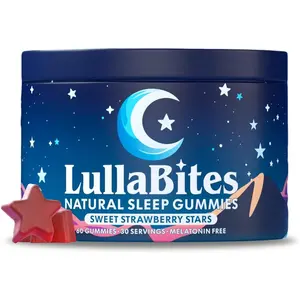 LullaBites - Natural Sleep Gummies - Made in USA - With 5-HTP, L-Theanine, Magnesium & Valerian Root - Melatonin Free - Vegan - Halal - Sugar, Gluten Free - Sweet Strawberry - 60 Gummies - 30 Servings sleep gummies natural sleep aid sleep support gummies