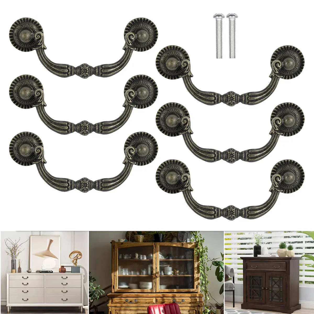 6-Pack Antique Bronze Drop Bail Pulls, Retro Decorative Handles with Antique Brass, Burnished Bronze, D-Ring Doorknobs, Easy-Install for Dresser Drawers, Antique Brass Doorknobs, Burnished Bronze Doorknobs