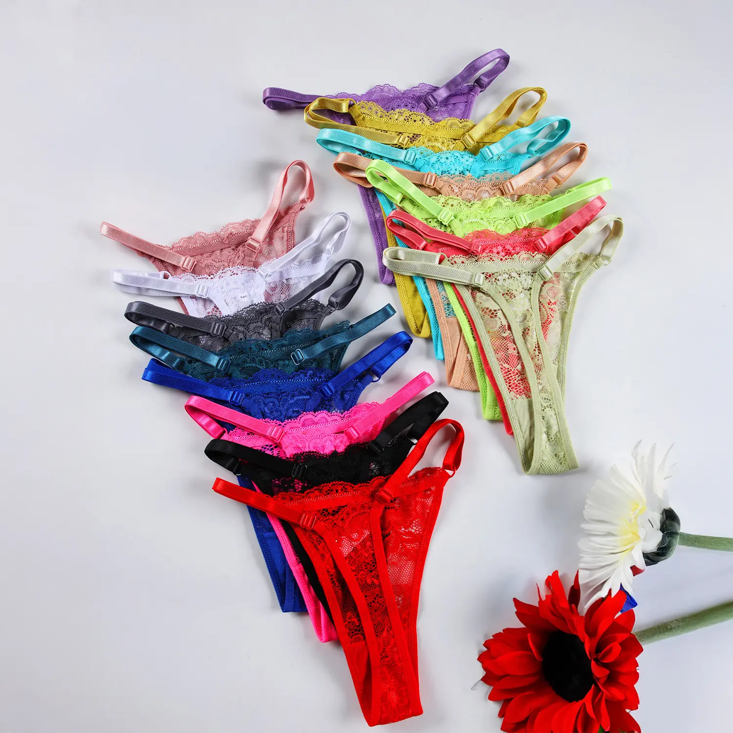 Women's 15pcs Set Sexy Lace Trim Thong Panties Adjustable Waist Candy Colors Breathable Elastic Straps Cotton Fabric Colorful Underwear Lingerie Romantic Gifts for Her