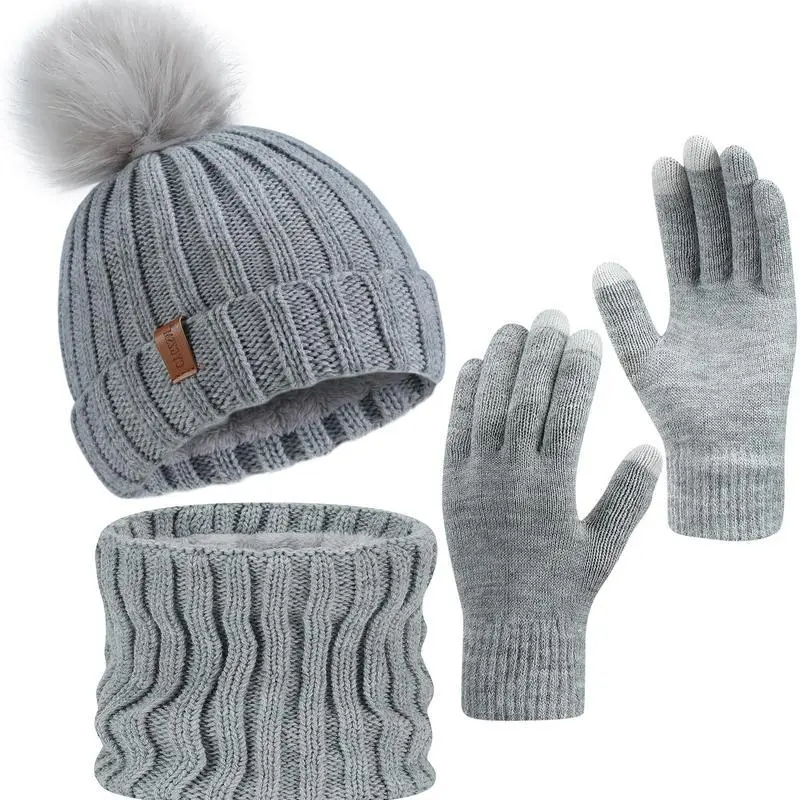 New Adult 3-Piece Fleece Knit Winter Beanie-Scarf-Gloves Set, Classic Knitted Touchscreen Warm Set for Back to School, High Elasticity Plush Thermal Set for Commute, Hiking & Outdoor Use, Unisex