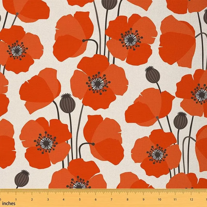 Upholstery Poppy Flower Fabric by The Yard,2 Yard,Red Floral Botanical Decorative Fabric for DIY Projects,Spring Rustic Garden Theme Waterproof Fabric, Colorful Floral Pattern, Flowers Pattern