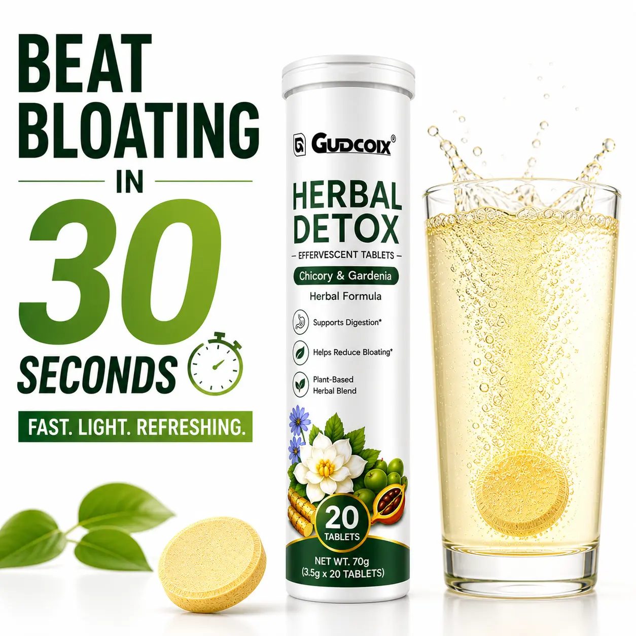 GUDCOIX Herbal Detox Effervescent Tablet Supplement - Natural Chicory & Gardenia Blend, Plant-Based, Supports Healthy Digestion - 3.5g x 20 Servings, Herbal Blend