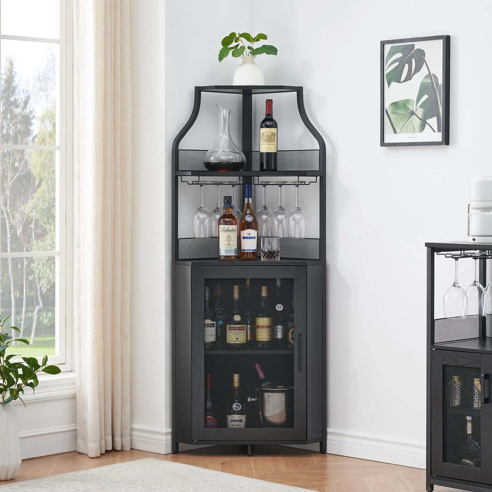 Garvee 5-Tier Industrial Style Corner Bar Cabinet with LED Lights, Detachable Wine Rack, Glass Holder, Adjustable Shelves & Feet, Mesh Door, and Barn Door Design for Dining, Living Room, and Kitchen