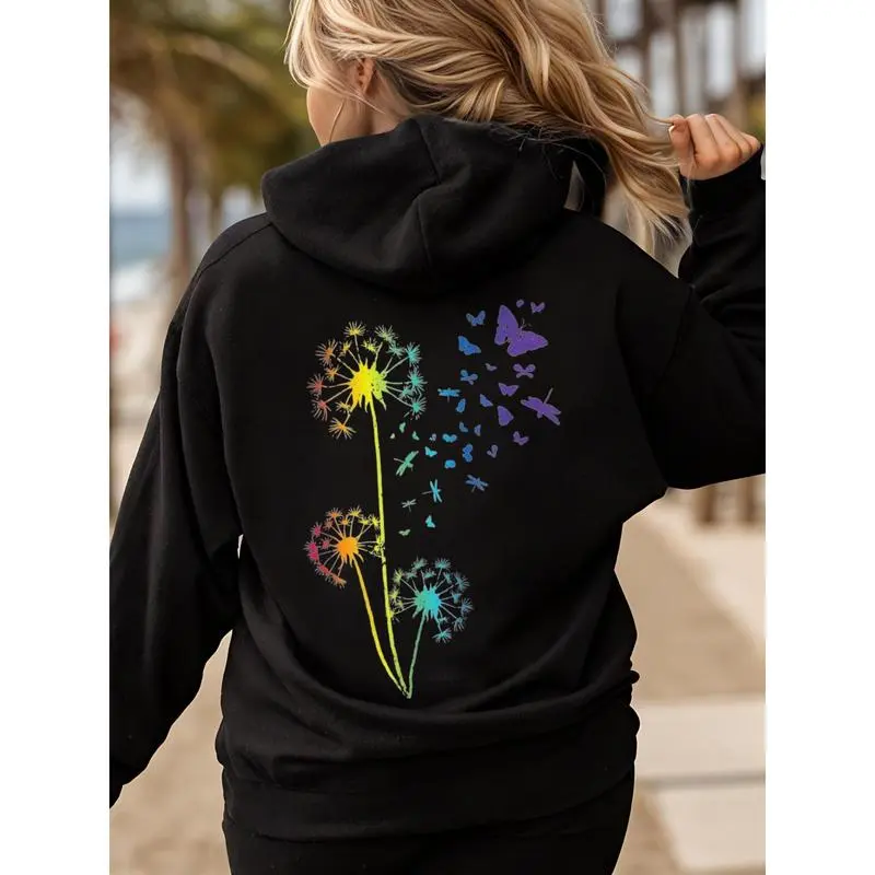 Women's Colorful Dandelion Butterflies Hoodie, Soft Cotton Blend Fashion Pullover Sweatshirt for Casual Beach Wear, Dandelion Motif, Lady
