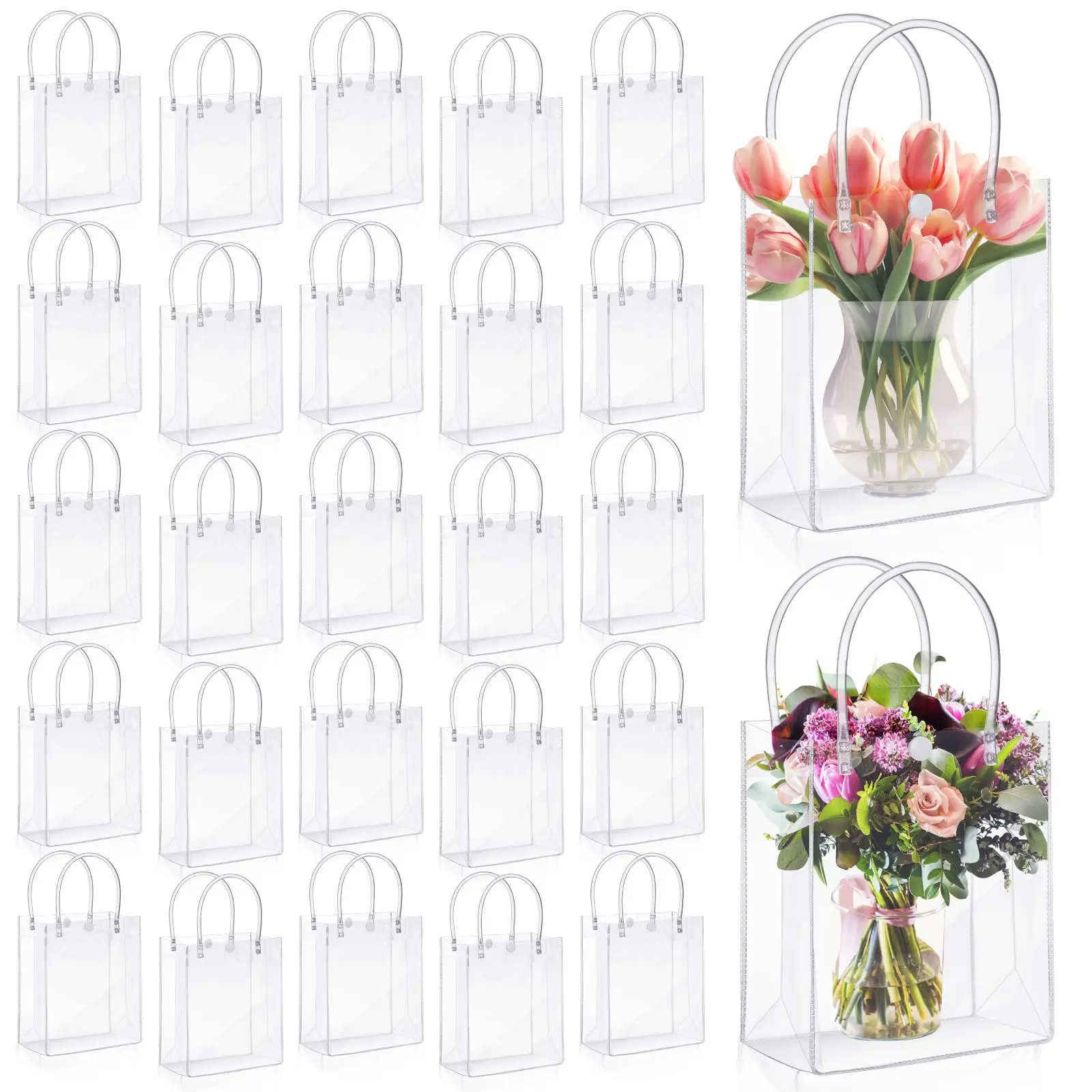50 pcs Wedding Clear Plastic Gift Bags with Handles PVC Reusable Goodie Bags Transparent Totes Bags for Candy Flower Wedding Graduation Back to School End of Year Birthday Galentine Party