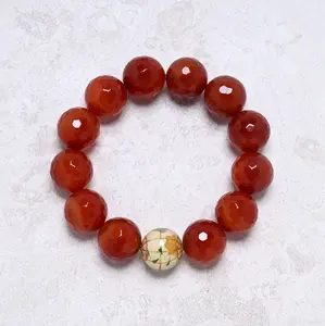 16mm Carnelian Gemstone Elastic Bracelet with White Globe Accent Bead