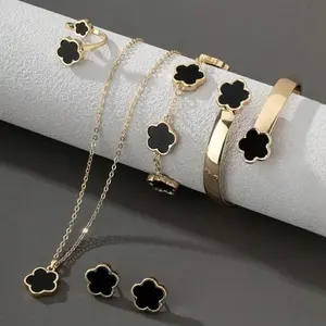 5pcs/Set Lucky Clover Design Bracelet, Necklace, Earrings, Bangle And Ring Set, Delicate And Fashionable Jewelry Gift Set For Teenager(Black Flower)