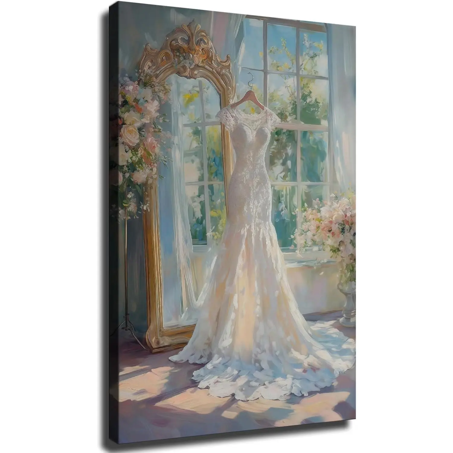 Wedding Dress Painting Poster, Bridal Gown Wall Art, Elegant Wedding Art Bridal Room Wall Decor, Fine Art for Bride (Framed,12*18 inch)