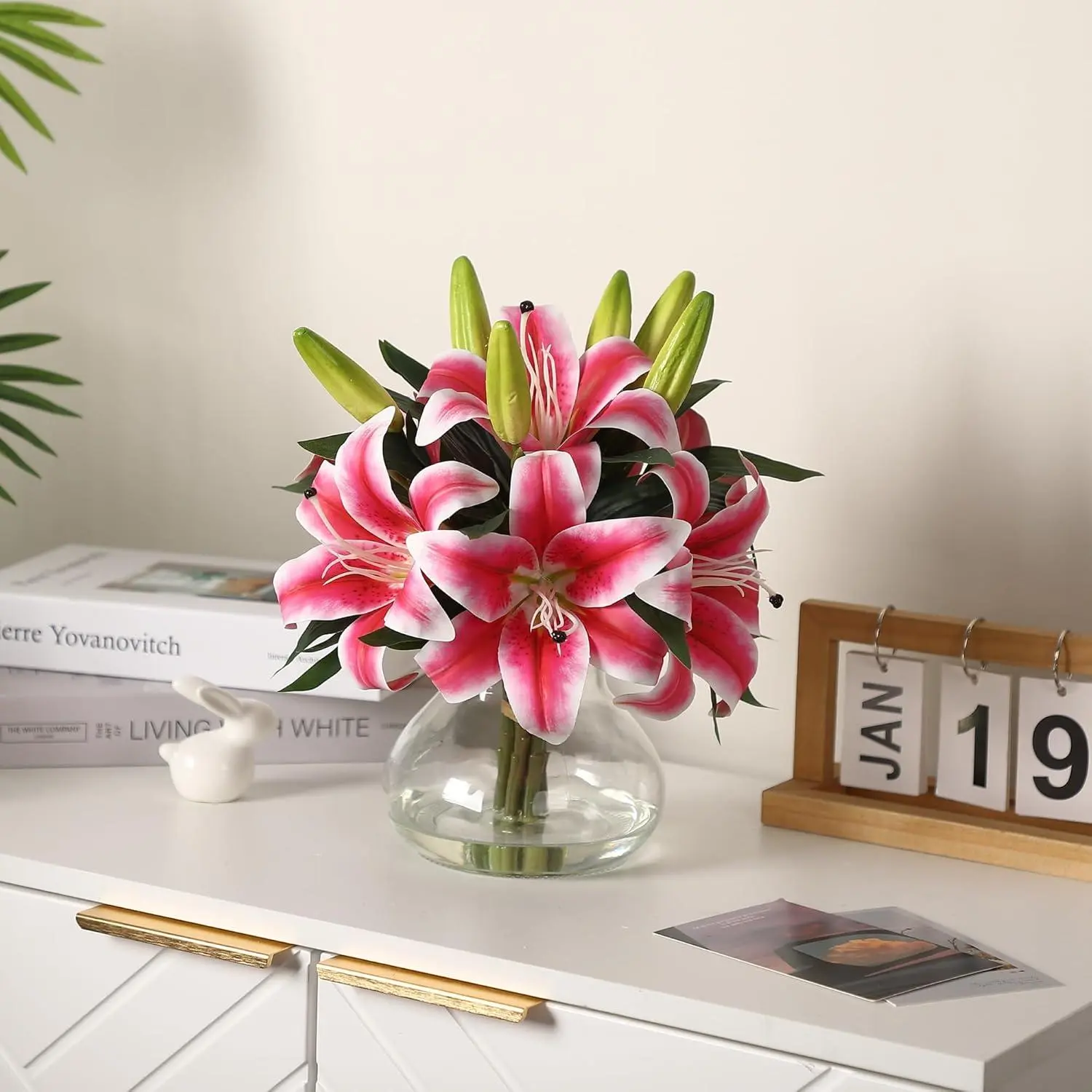 Gaomon 6-Piece Adjustable Classic Pink Silk Artificial Lily Bouquet Set - 6 Bendable Stems, Glass Vase Included, Rustic Lifelike No-Maintenance Home Tabletop & Office Decor, Wedding Gift