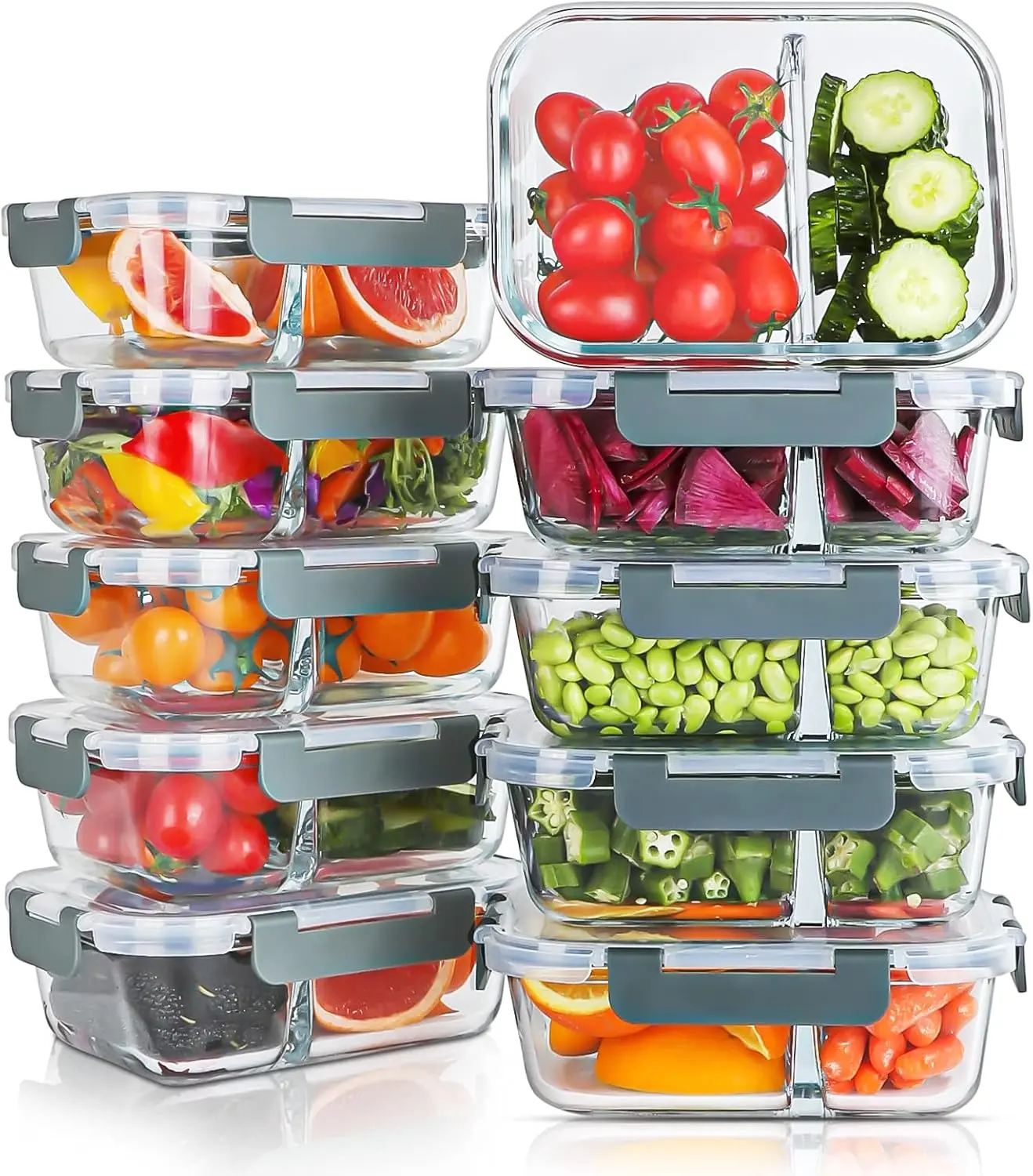 10 Packs 30oz Glass Meal Prep Containers 2 Compartments,Glass  Storage Containers with Lids,Airtight Lunch Bento Boxes,Microwave,Oven,Freezer and Dishwasher Safe