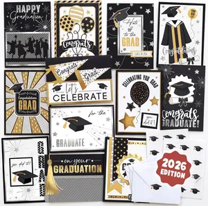 Gold Foil Graduation Cards 2026 (5x7) - 12 Pack Grad Design with Envelopes & Stickers Bulk Assortment for College & High School, Congrats Grad Gifts Decorations for Him Her (Printed Messages)