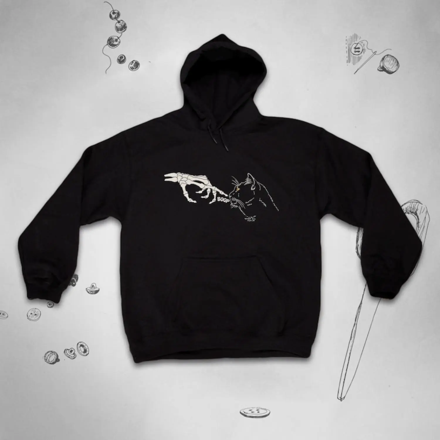 Black Cat Hoodie Trendy Graphic Design Gothic Style Funny Cat Skeleton Hand Unisex Sweatshirt with Hood Gift Idea