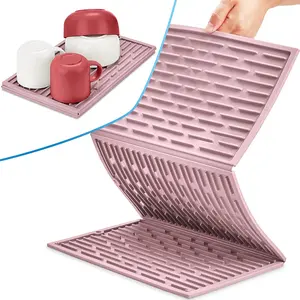BTH Trifold Thick Silicone Dish Drying Mat for Kitchen Counter, Collapsible and Foldable Drying Mat for countertop, Drying Rack, Cold and Heat Resistant Dish Drainer Tray Mat, Dishwasher Safe, Large, 24"x13", Rose Pink Coasters Tableware