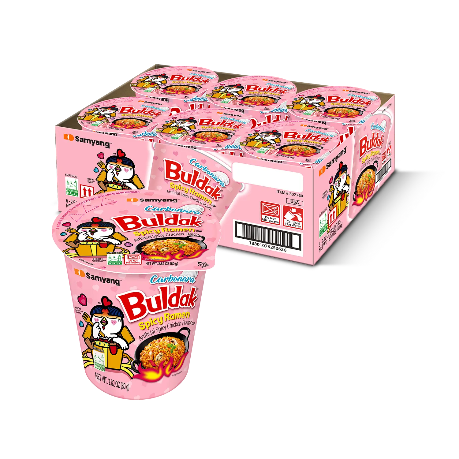Buldak Pack of 6 Carbonara Spicy Hot Chicken Stir-Fried Cup Noodles