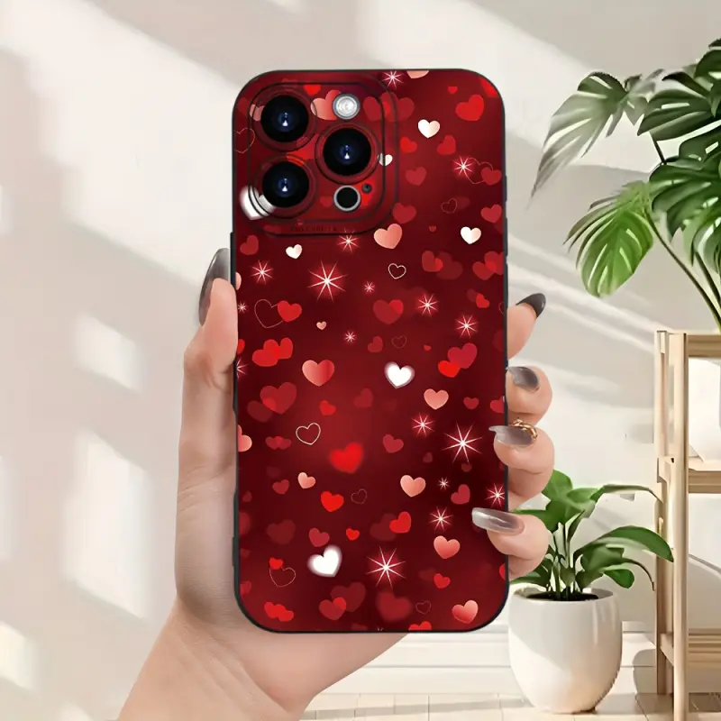 Valentine's Day red heart-shaped pattern, anti-drop, non-slip TPU full-cover lens transparent mobile phone protective case, suitable for iPhone 17 16 15 14 13 12 11 XS X, Samsung and other series models, can be given as a gift to friends or family, Smartp