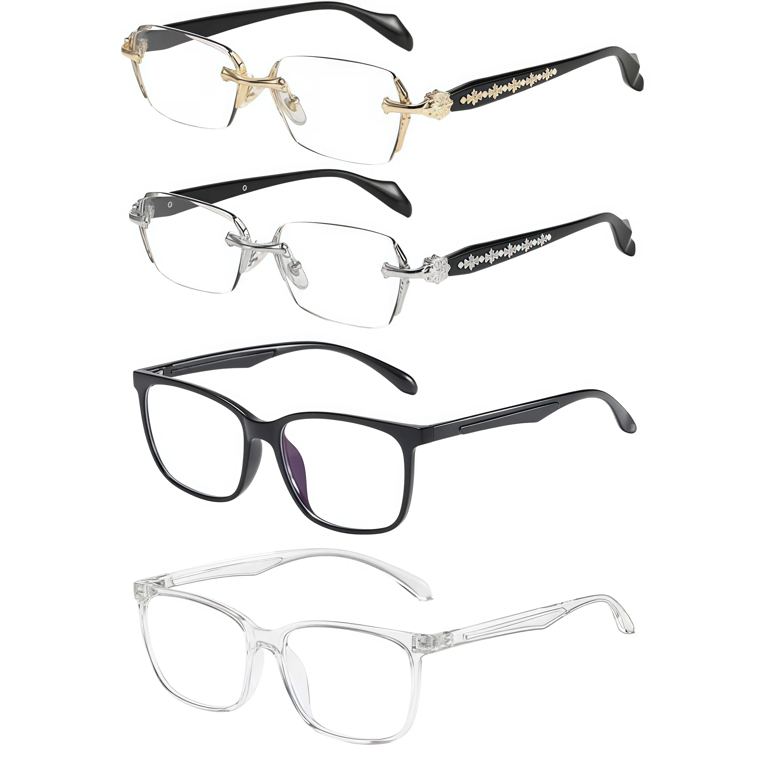 〖Summer Vibes〗1/2/4 PCS Rimless High Quality Eyewear, Frameless Glasses with Diamond-Cut Edges, Rectangular HD Clear Lenses, Gold and Silver Plating Fashion Temple Metal Decor Accessories, Unisex Fashion Metal Temples Daily Use Street Style