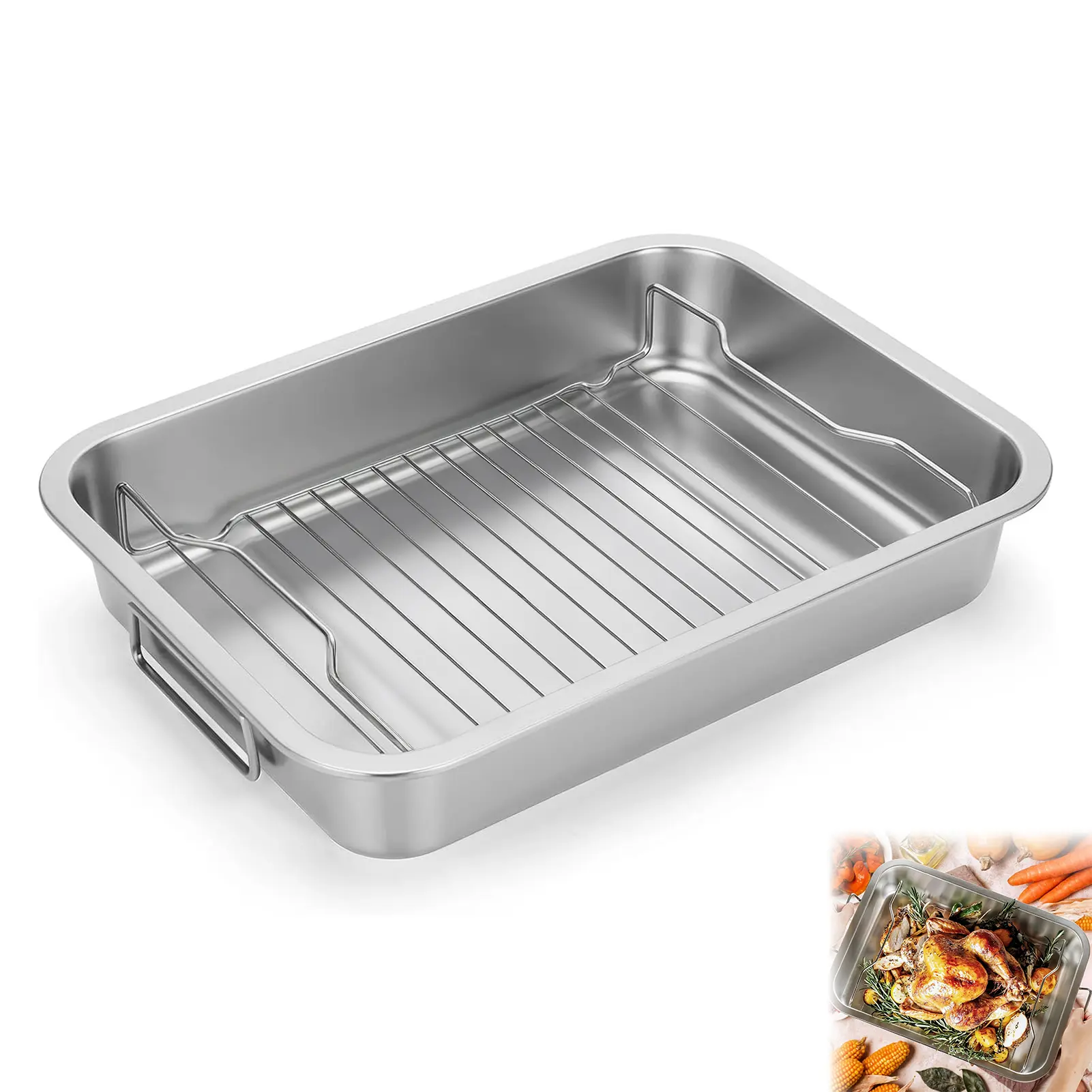 Heavy Duty Stainless Steel Roasting Pan with Rack - Bakeware, Oven-Safe Large Rectangular Roaster Dish with Easy-Carry Handles, Draining Rack for Juicy Meats, Ideal for Thanksgiving, Christmas Holiday Cooking