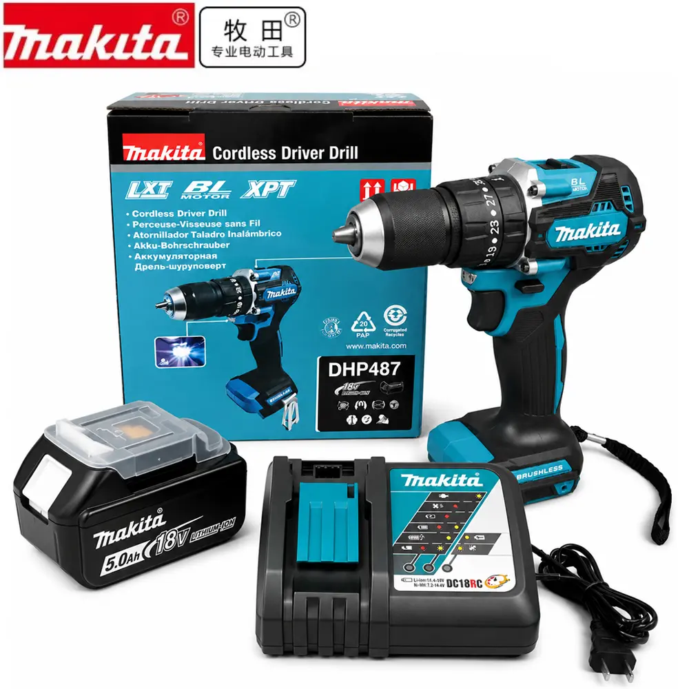 Makita DHP487 18V Lithium Brushless Cordless Drill Driver - Ergonomic, Compact Wireless Lithium Battery Drill with Adjustable Speed, Easy Install, Batteries for DIY Enthusiasts' Garage Repair, Furniture Installation
