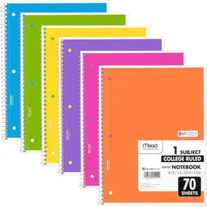 Spiral Notebook, 6 Pack, 1 Subject, College Ruled Paper, 7-1/2" x 10-1/2", 70 Sheets per Notebook, Assorted Bright Colors (830050-ECM)