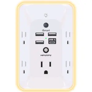 Extensor de toma de corriente con luz nocturna, toma de corriente múltiple, cargador de pared USB, protector de sobretensiones, 4 puertos de carga USB (1USB C), extensor divisor de toma de corriente