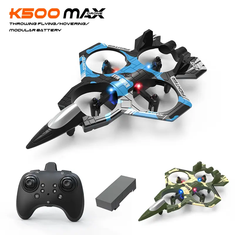【K500】Quadcopter with four channels of suspension, capable of maintaining a constant altitude and performing roll stunts. Equipped with a remote control, lights and a toy airplane. - Blue
