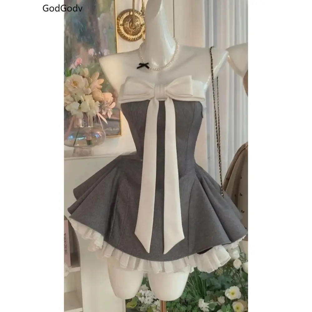 Summer New Vintage Elegant Woman Dress Strapless Bow Patchwork High Waist Puffy Mini Dress Female French Chic Sexy Outfits 2025