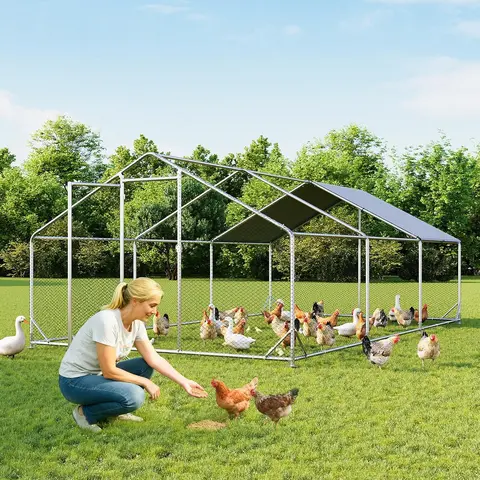 Aoxun Large Walk-In Chicken Coop - 13x10/6.5x10 FT, 420D Waterproof Oxford Fabric Cover, 360° All-Weather Protection, Rust-Proof Metal Frame, Predator-Safe Hex Mesh, Lockable Door, Peaked Rain-Shedding Roof, Backyard Farm Poultry Cage