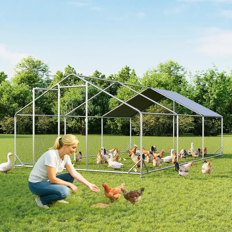 Aoxun Large Walk-In Chicken Coop - 13x10/6.5x10 FT, 420D Waterproof Oxford Fabric Cover, 360° All-Weather Protection, Rust-Proof Metal Frame, Predator-Safe Hex Mesh, Lockable Door, Peaked Rain-Shedding Roof, Backyard Farm Poultry Cage