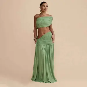 Spring Sexy Solid Color Tube Top Vest Slim Ribbon Pleated Skirt Sets